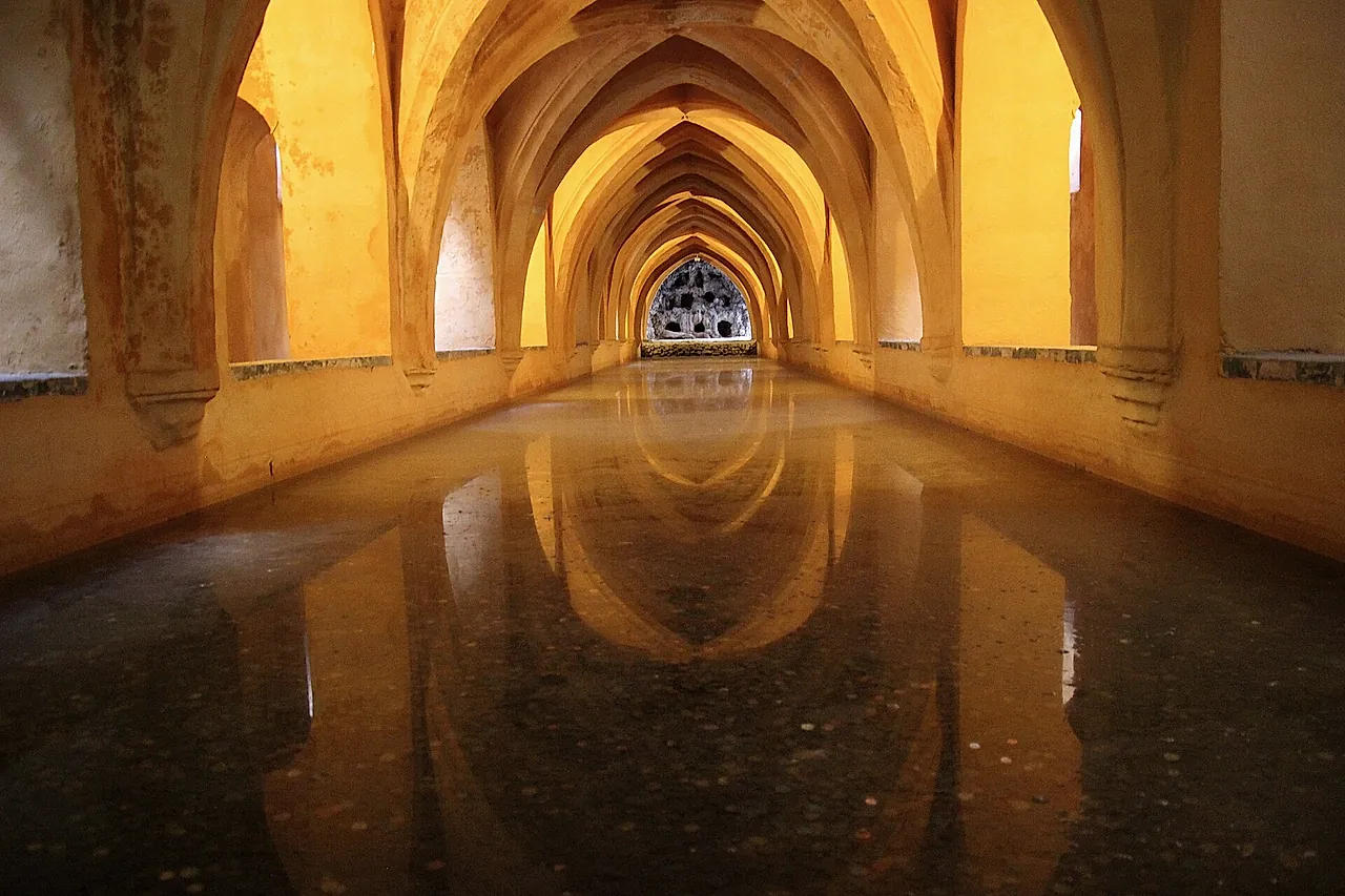 Gothic rib vaults reflected in the water of the Baños de María de Padilla