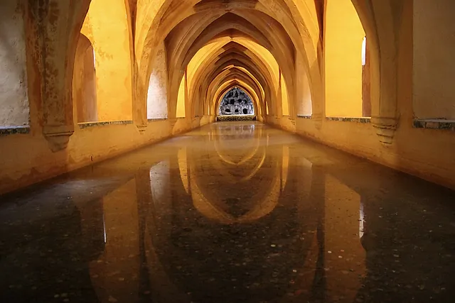 Gothic rib vaults reflected in the water of the Baños de María de Padilla